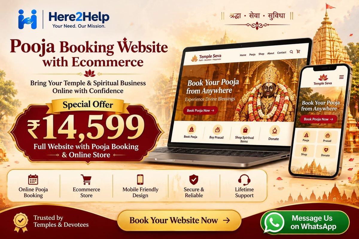 Here2Help special offer poster: Pooja Booking Website with E-commerce just ₹14,599