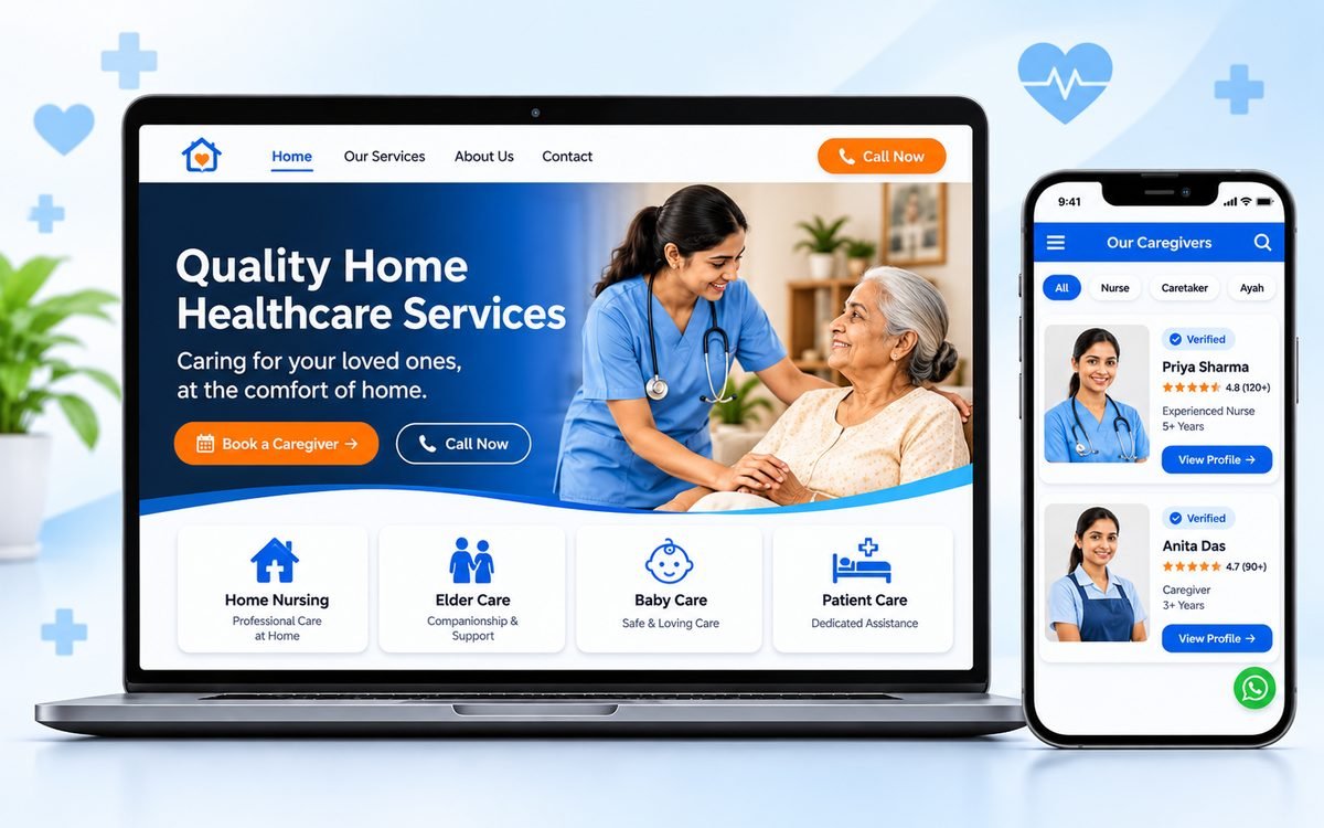 CareU 24x7 website shown on a laptop and phone: home healthcare services homepage and caregiver profiles list
