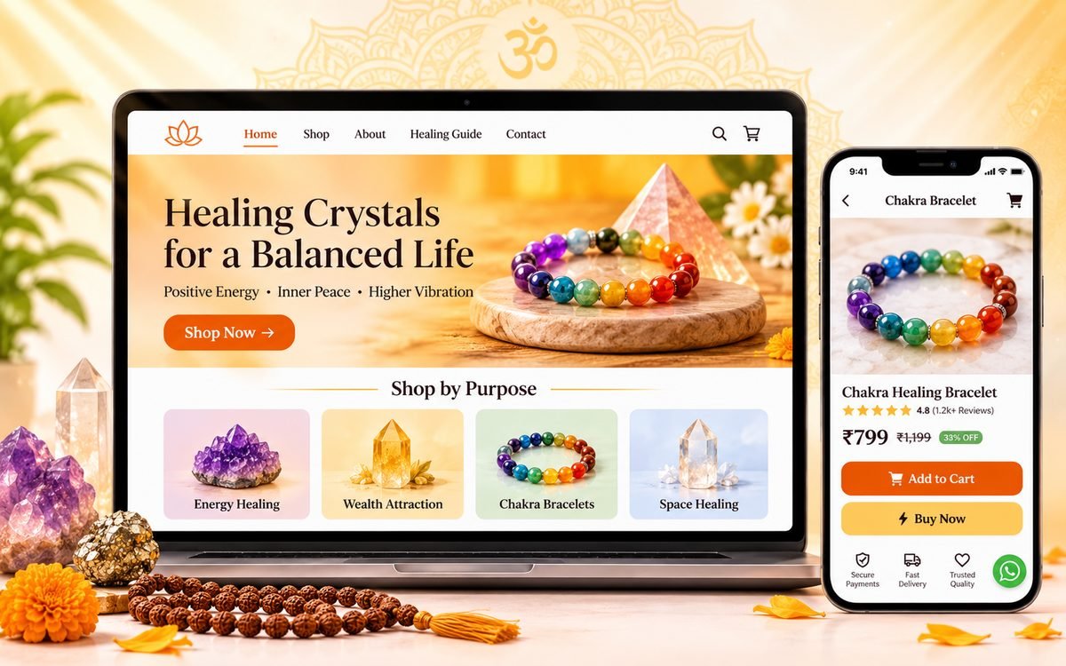 Crystaura online store shown on a laptop and phone: healing crystals homepage with shop-by-purpose categories and a chakra bracelet product page