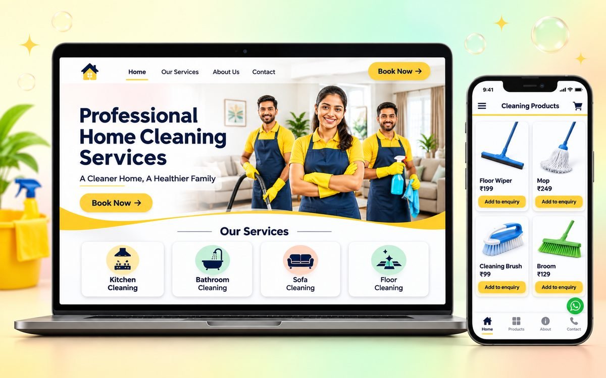 Teamgenix website shown on a laptop and phone: home cleaning services homepage and cleaning products catalogue